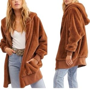 Free People Turn Up Oversized Longline Soft Camel Faux Fur Hooded Zip Jacket